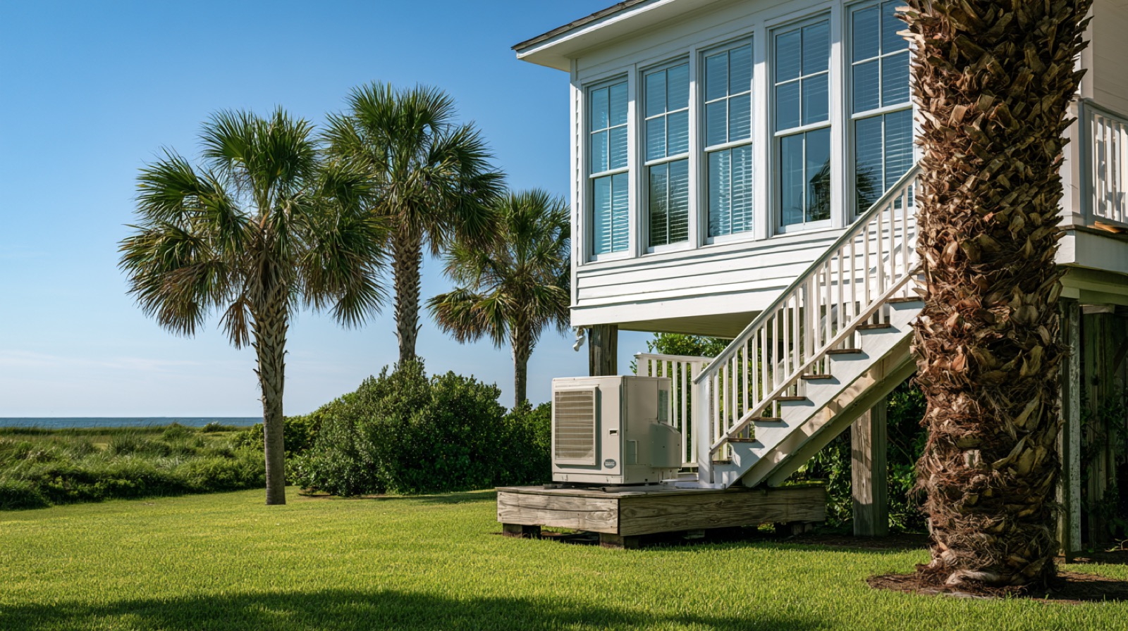 Outdoor air conditioning condenser on a raised wooden platform beside an elevated Lowcountry home with palmetto trees
