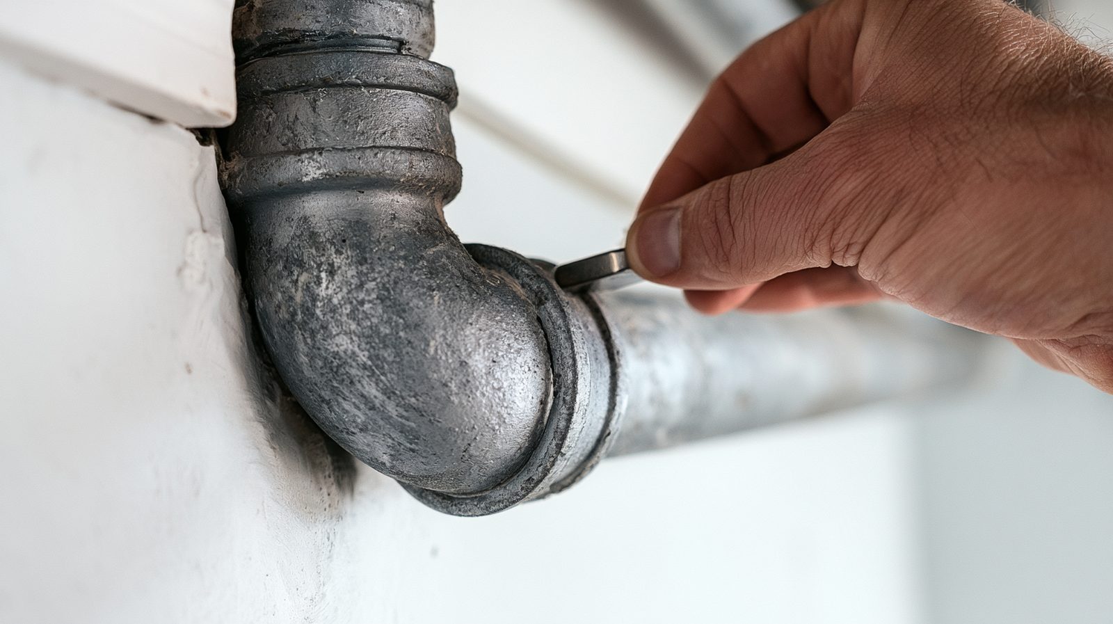 Hand holding a small magnet against an old galvanized steel water pipe with threaded fittings where it enters a painted wall