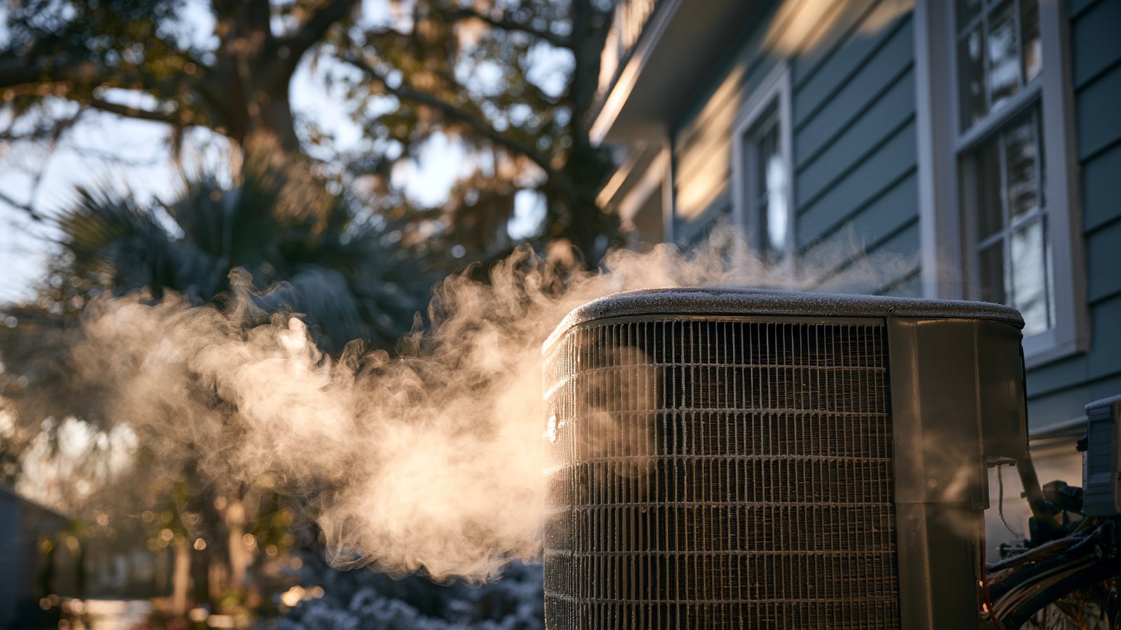 Outdoor heat pump condenser beside a clapboard Charleston house with white vapor rising off it during a defrost cycle on a bright winter morning