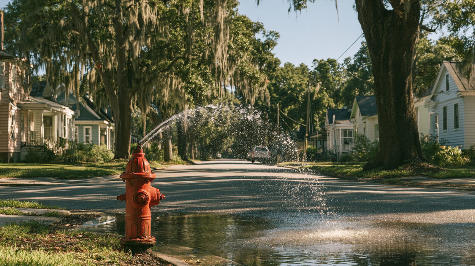Fire hydrant flushing a clear arc of water across a sunlit residential street lined with live oaks and Spanish moss in the South Carolina Lowcountry