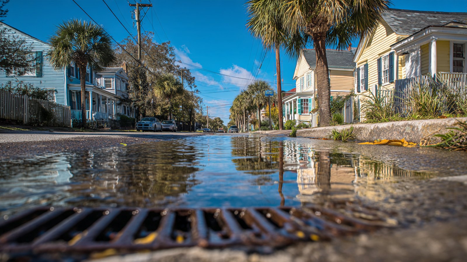 Seawater standing over a cast iron storm drain grate and spreading along a Charleston street of clapboard houses under a clear blue sky