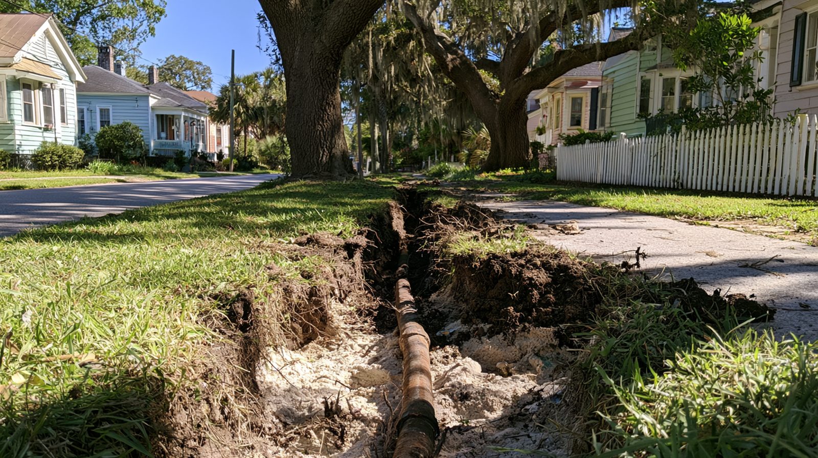 Excavated water service line trench beside a historic Charleston sidewalk, showing the pipe where it runs from the street toward the house