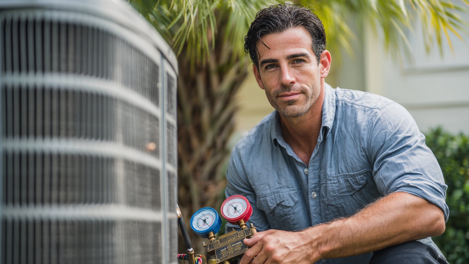 HVAC technician crouched beside an outdoor air conditioning condenser with a refrigerant gauge manifold connected to the service ports