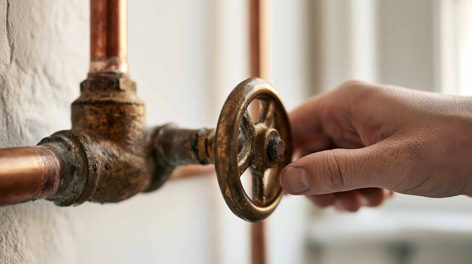 Hand reaching for the round wheel handle of an old corroded brass gate valve on a copper water pipe against a white wall