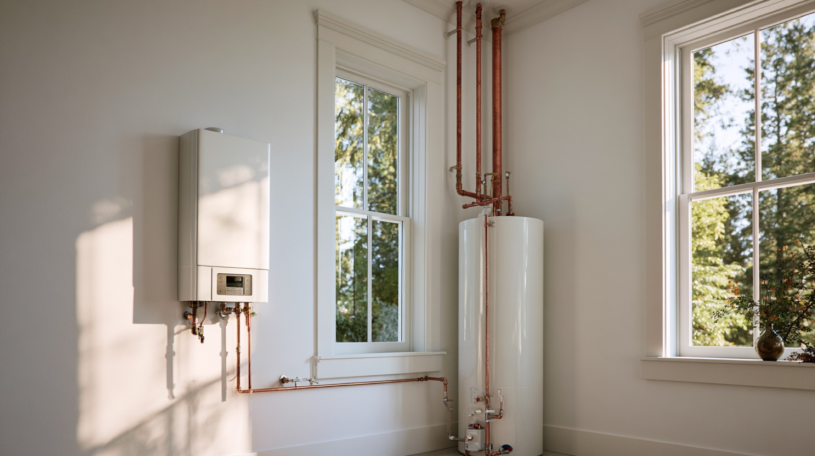 A wall mounted tankless water heater beside a traditional cylindrical tank water heater in a bright utility room
