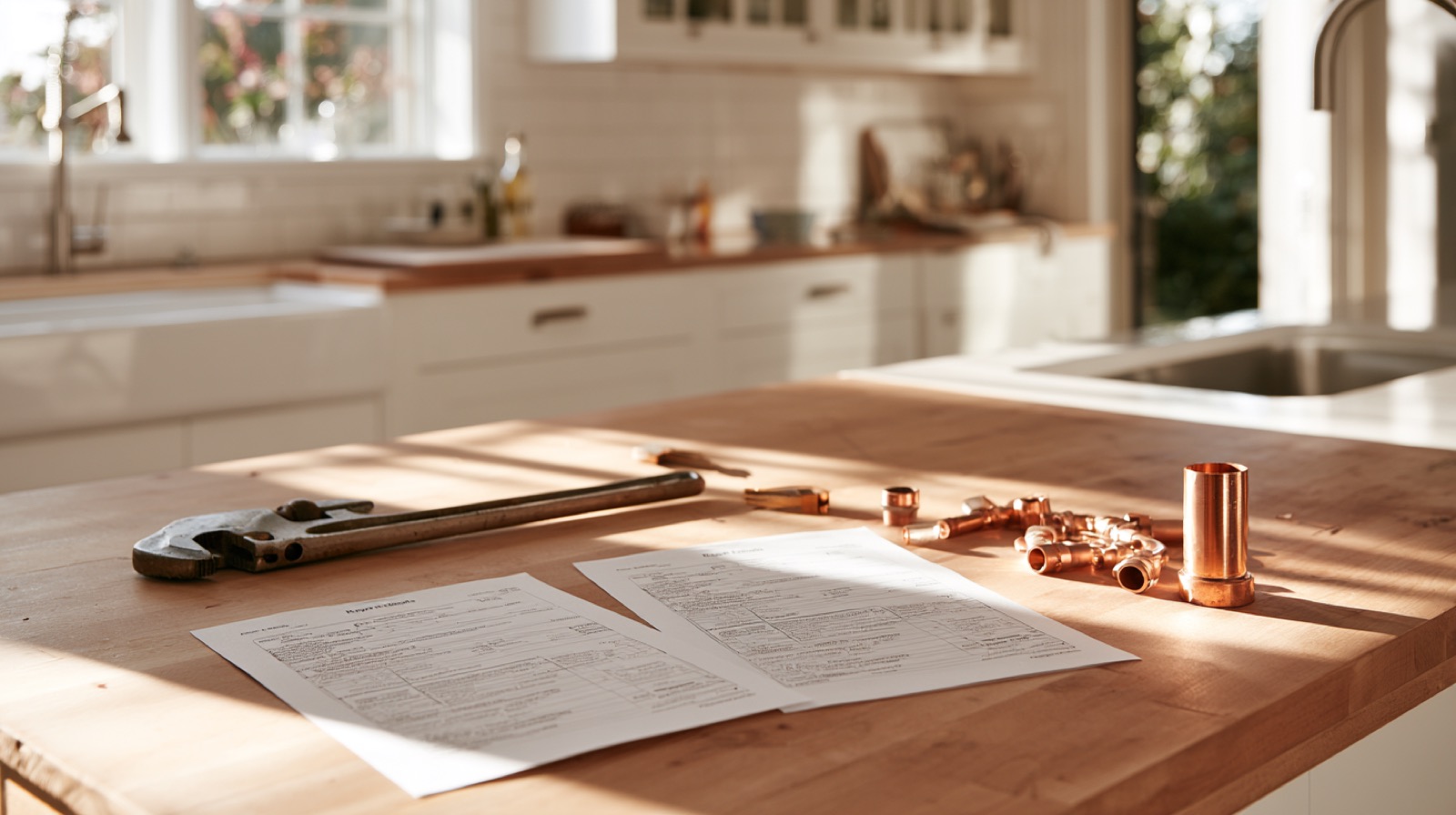 Two printed plumbing repair estimates side by side on a kitchen table beside a pipe wrench and copper fittings