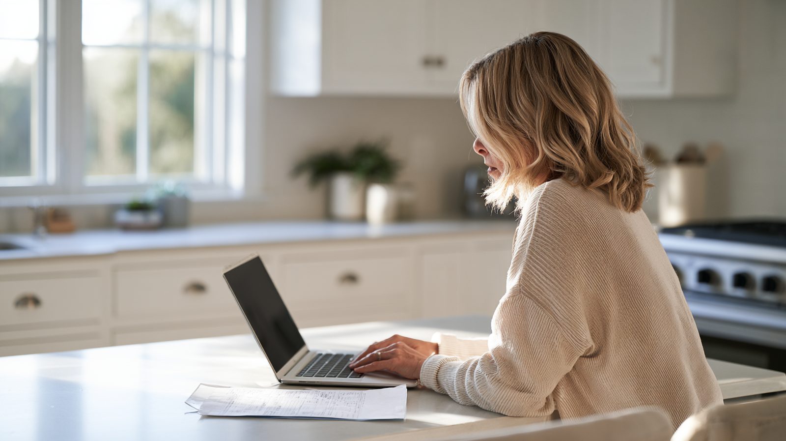 Homeowner at a bright kitchen island checking a contractor on a laptop, with a paper estimate on the counter beside them
