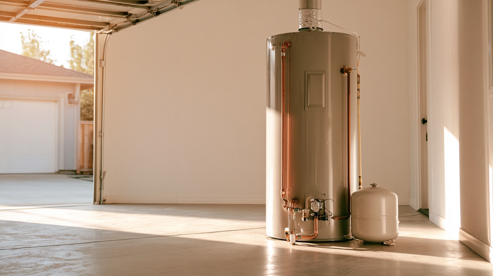 Newly installed residential water heater with copper connections and a small expansion tank in a sunlit garage